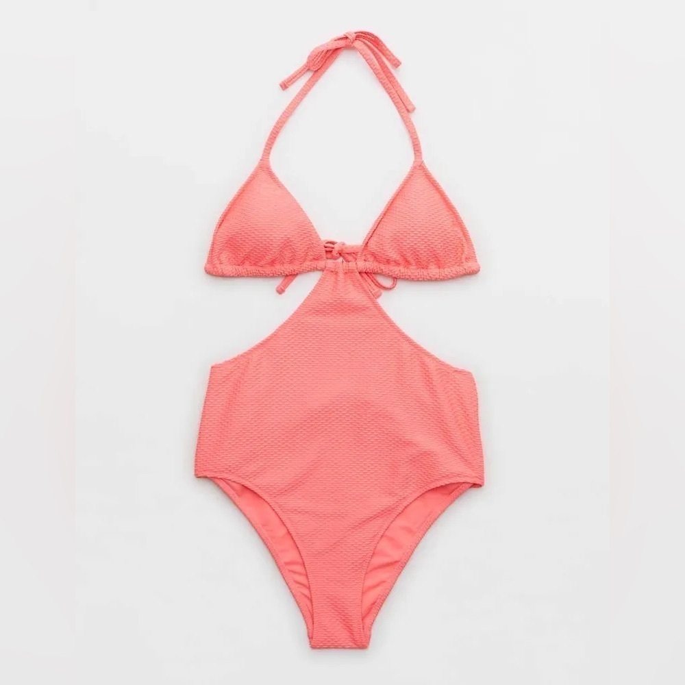 Aerie Jacquard Cut Out String One Piece Swimsuit NWT Coral Sun - Picture 3 of 11